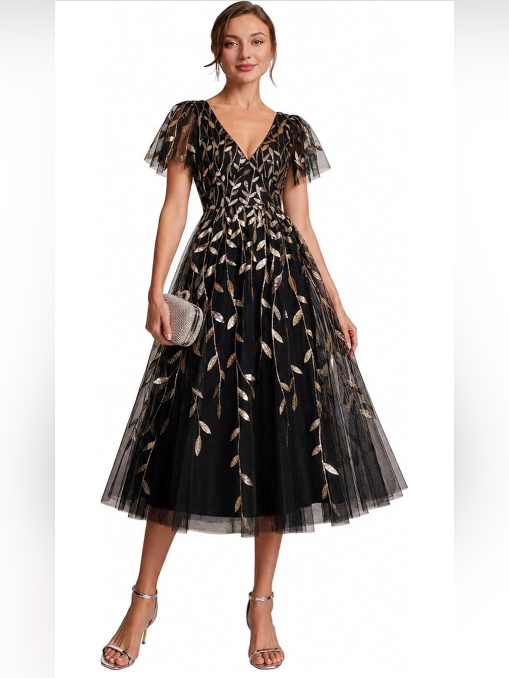 Ever Pretty Black Midi Dress with Gold Leaf Embroidery